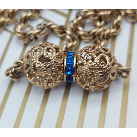 Long Gold Tone Pull Over Thick Twisted Chain Necklace Filigree Ball Blue Crystal - Picture 5 of 10